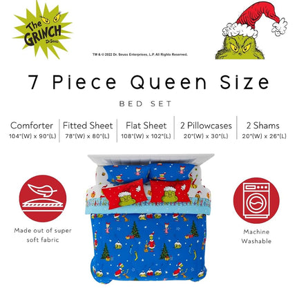 Franco Grinch by Dr. Seuss Holiday & Christmas Bedding Super Soft Comforter and Sheet Set with Sham, 7 Piece King Size (Official Dr. Seuss Product)