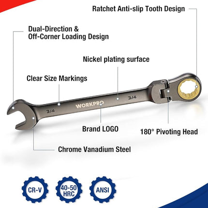 WORKPRO 8-piece Flex-Head Ratcheting Combination Wrench Set Cr-V Nickel Finish with Organizer Bag