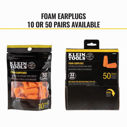 Klein Tools 6054010 Foam Earplugs, 33dB NRR, Orange Ear Protection with Resealable Bag, for Construction, Loud Noise Reduction, 10-Pair