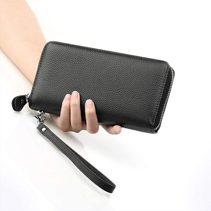 Moflycom Cartera de Mujer RFID Bloqueo de Cuero Genuino con Cremallera, Cartera de Mano con Correa de Muñeca, Cartera Larga de Viaje para Mujer, Negro, L, Cartera RFID