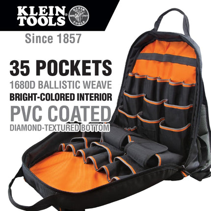 Klein Tools 55475 Tool Bag Backpack, Heavy Duty Tradesman Pro Tool Organizer/Tool Carrier with 35 Pockets for Hand Tools and Gear