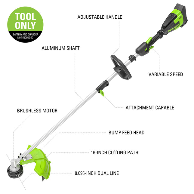 Greenworks 40V 16-Inch Brushless (Attachment Capable) Cordless String Trimmer (Gen 2), Battery and Charger Not Included