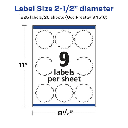 Avery Matte White Removable Round Scalloped Labels with Sure Feed Technology, Print-to-The-Edge, 2.5" Diameter, 225 Removable Labels, Laser/Inkjet Printable Labels