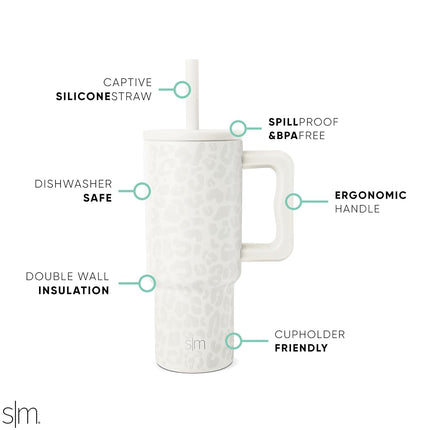 Simple Modern Kids 24 oz Tumbler with Handle and Silicone Straw Lid | Spill Proof and Leak Resistant | Reusable Stainless Steel Bottle | Gift for Kids Boys Girls | Trek Collection | Cream Leopard
