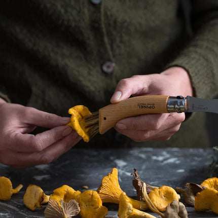 Opinel No. 08 Mushroom Knife – Pick + Clean Mushrooms, Beechwood Handle, Integrated Brush, Curved Sandvik Steel Blade, Made in France