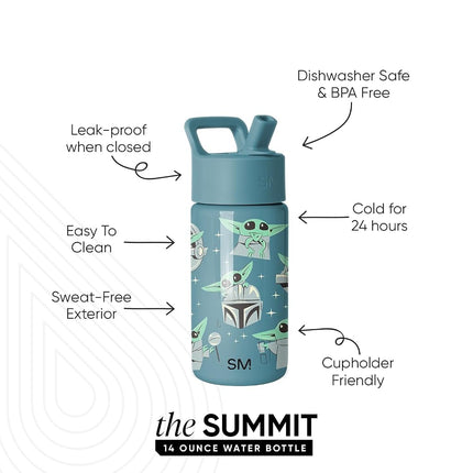 Simple Modern Kids Summit Water Bottle with Straw Lid | Star Wars Baby Yoda Grogu 14oz Stainless Steel Cup Insulated Tumbler for Boys, Girls, School | Grogu Doodle