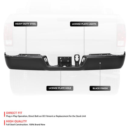 DNA MOTORING Rear Bumper Bar Compatible With Ram 2500/3500 2013-2018, Without Park Assist, CH1102376, Black, BUMP-R-DR13-FB-01-BK