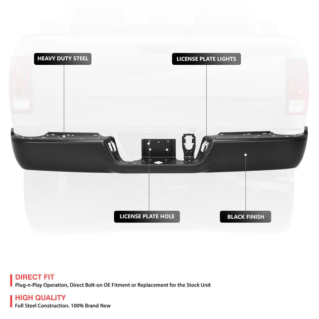 DNA MOTORING Barra de parachoques trasero compatible con Ram 2500/3500 2013-2018, sin asistente de estacionamiento, CH1102376, negro, BUMP-R-DR13-FB-01-BK