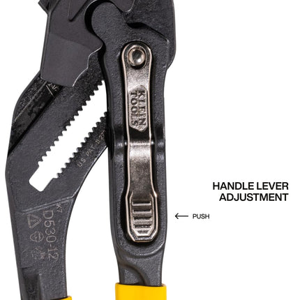 Klein Tools D53012 Plier Wrench, High Leverage Multi-Use Pump Plier with Adjustable and Reversible Double-Sided Jaw, Smooth and Knurled Teeth, 12-Inch