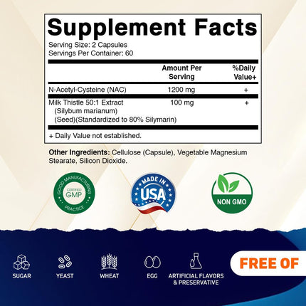 Vitamatic NAC Supplement N-Acetyl-L-Cysteine (NAC) with Milk Thistle 50:1 Extract - Supports Immune, Respiratory, Liver Health, 1200 mg per Serving, 120 Veg Capsules…