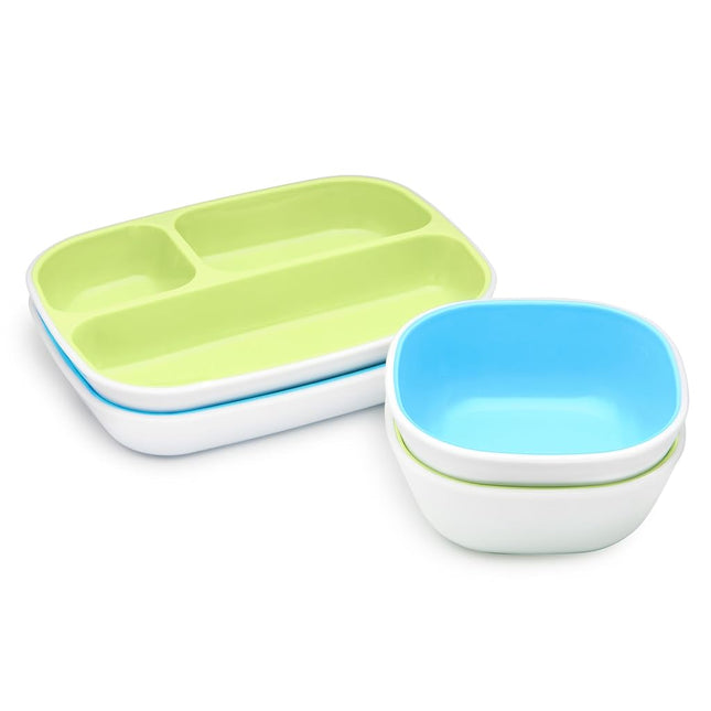 Munchkin Splash 4 Piece Toddler Divided Plate and Bowl Dining Set, Blue/Green
