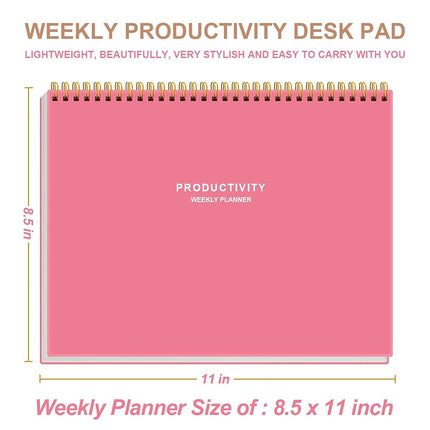 Weekly Productivity Planner - 8.5" x 11" Dashboard Desk Notepad Has 6 Focus Areas to List Tasks for Goals, Projects, Clients, Academic or Meal-Organize Your Daily Work Efficiently, 54 Weeks, Pink