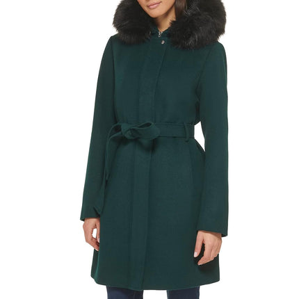 Abrigo con Capucha de Lana Lisa con Ribete de Pelo Sintético Desmontable para Mujer Cole Haan, Verde Bosque, 6