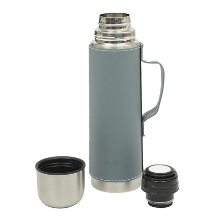 Mr. Coffee Leatherette 23 oz Stainless Steel Thermal Bottle � Double Wall Insulated Flask with Faux Leather Sleeve & Carry Handle, Blue � Leak-Proof Hot & Cold Drink Travel Mug