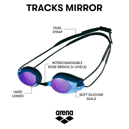 ARENA Tracks Mirror Unisex Adult Race Swimming Goggles, Standard Pool Goggles with Anti-Fog Mirrored Lenses, UV Protection, 4 Interchangeable Nose Bridges, Silicone Seals