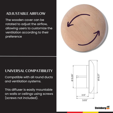 Steinberg14 Wooden Air Diffuser - 6.3 Inch Universal Supply and Exhaust Valve - Adjustable Vent Cover - Round Wall Ceiling Vent - Black Alder Wood Air Vent - Ventilation Grille for Sauna