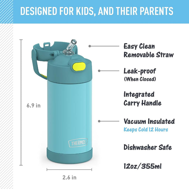 THERMOS FUNTAINER 12 Ounce Stainless Steel Vacuum Insulated Kids Straw Bottle, Blue/Green