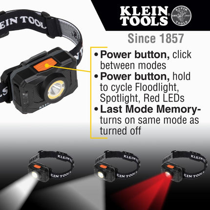 KLEIN TOOLS Rechargeable 2-Color LED Headlamp, Fabric Strap, Spotlight, Floodlight, Red LED, 800 Lumens, USB Cable, Camping, Running 56414