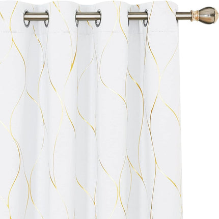 Deconovo Silver or Gold Wave Print Blackout Curtains - Thermal Insulated & Noise?Reducing Grommet Drapes for Bedroom & Living Room?Greyish White/Line?52W x 108L?2 Panels