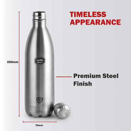 Cello Swift Stainless Steel Vacuum Insulated Flask 1000ml| Hot and Cold Water Bottle with Screw lid, Double Walled Silver Bottle for Home, Office, Travel, Steel Thermos Bottle 1L