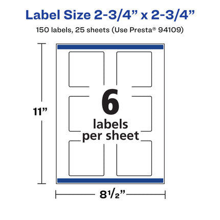 Avery Durable Waterproof Square Labels with Sure Feed, 2.75" x 2.75", 150 Oil and Tear-Resistant Waterproof Labels, Print-to-The-Edge, Laser/Pigment-Based Inkjet Printable Labels