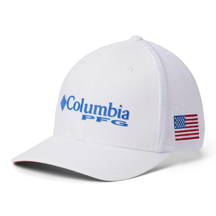 Columbia Unisex PFG Mesh Ball Cap, White, Vivid Blue, USA Flag, Large/X-Large
