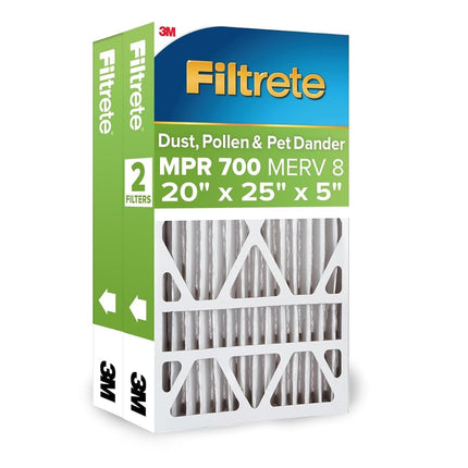 Filtrete 20x25x5 AC Furnace Air Filter, Merv 8 MPR 700, Dust, Pollen, & Pet Dander, 2-Pack (exact dimensions 24.13x19.56x4.75)