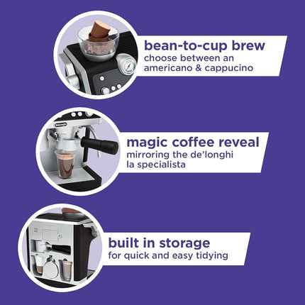 Casdon De'Longhi Toys. Barista Coffee Machine. Toy Kitchen Playset for Kids with Moving Parts, Realistic Sounds and Magic Coffee Reveal. for Children Aged 3+