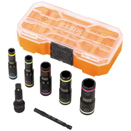 Klein Tools 65619 KNECT Flip-10 Metric Impact Socket Set, Deep Sockets, 5 Color-Coded Flip Sockets, 10 Metric Socket Sizes, 1/4 and 3/8-Inch Adapters, MODbox Case