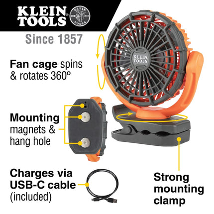 Battery Operated Rechargeable Fan with USB-C Charging Cord and Multiple Mounting Options Perfect for The Jobsite