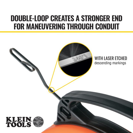 Fish Tape, Steel Wire Puller with Double Loop Tip, Optimized Housing and Handle, 3mm x 73m, Klein Tools 56334