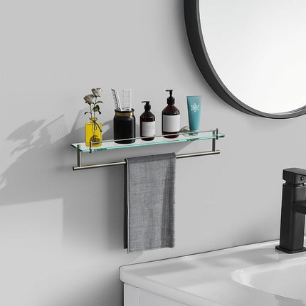 KOCOK 24-Inch Tempered Glass Bathroom Shelf with Towel Bar - Brushed Nickel Towel Holder Modern SUS304 Stainless Steel, Wall Mount Towel Hanger