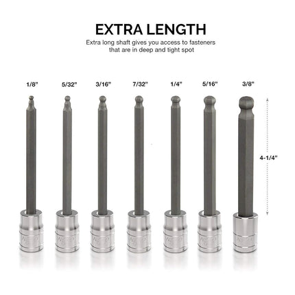 NEIKO 10244A 3/8-Inch-Drive Extra-Long Ball-End Hex-Bit Socket Set, SAE Sockets 1/8" to 3/8", S2 Steel, 7-Piece Set