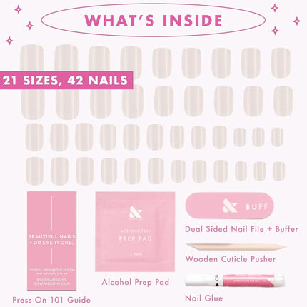 Olive & June Maximalist Instant Mani Press-On Nails (Glue) | 42 Fake Nails, 21 Sizes | Non-Toxic, Long-Lasting Big, Bold Gorgeous Realistic Look | Extra Short, Squoval | Marshmallow Velvet