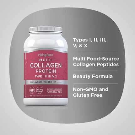 Piping Rock Multi Collagen Protein Powder 32oz | Types I, II, III, V, X | Unflavored | Gluten Free