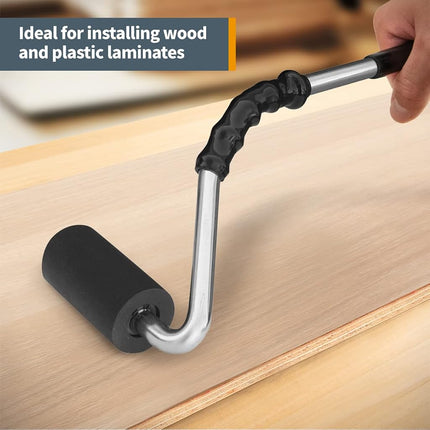 POWERTEC 71011 Curved Handle J Roller with Rubber Roller, 1-1/2 Inch by 3 Inch, Curved Handle Roller Professional Veneer Edge Banding and Floor Laminate Tool