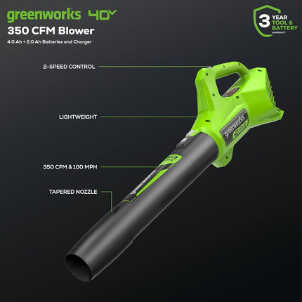 Greenworks 40V 16" Brushless Cordless (Push) Lawn Mower + Blower (350 CFM), 4.0Ah Battery and Charger Included (75+ Compatible Tools)