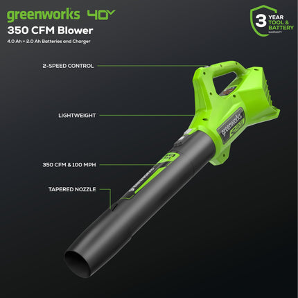 Cortacésped inalámbrico sin escobillas Greenworks 40V de 16" (de empuje) + Soplador (350 CFM) + Cortabordes de 13" (Carretes de repuesto de regalo), batería de 4.0Ah + 2.0Ah y cargador incluidos (más de 75 herramientas compatibles)