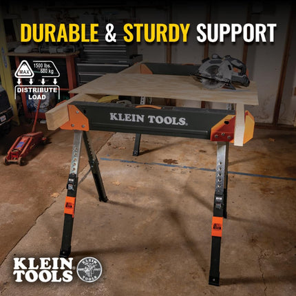 Klein Tools 66188 Folding Saw Horse, 2x4 Support Arms, 26-Inch to 32-Inch Adjustable Height, Heavy Duty Jobsite Table, 1-Pack