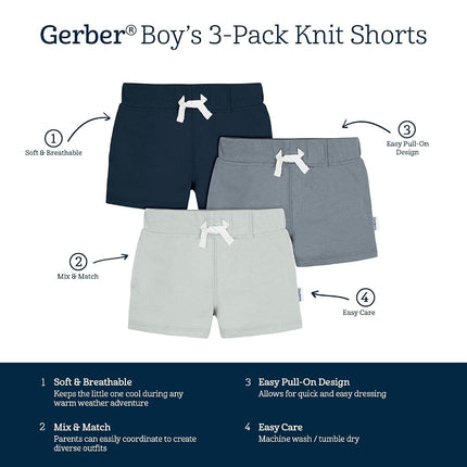 Gerber Bebé-Niño Pequeño Paquete de 3 Pantalones Cortos de Punto sin Cremallera, Azul, Talla 5T