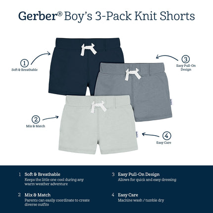 Gerber Baby-Boys Toddler 3-Pack Pull-On Knit Shorts, Blue, 3-6 Months