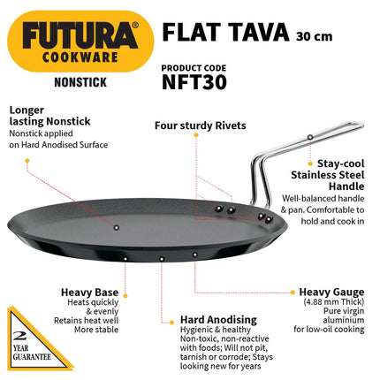 Futura Non-Stick Flat Tava Griddle, 12-Inch For Dosa, 4.88mm with Steel Handle