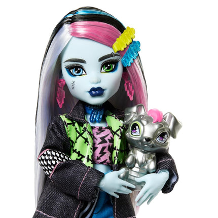 Monster High Frankie Stein Doll in Denim Jacket & Shorts, Includes Pet Dog Watzie & Accessories like a Backpack, Snack & Notebook