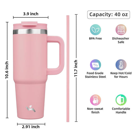 Konokyo Gobelet de 40 oz avec poignée et 2 pailles, bouteille d'eau isotherme 2 en 1 avec couvercle, tasse de voyage en acier inoxydable, rose