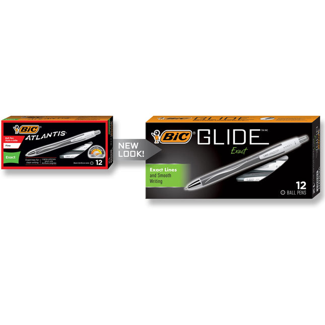 BIC Glide Exact (antes Atlantis Exact) Bolígrafos retráctiles de punta fina de 0,7 mm, tinta negra, docena (VCGN11BK)