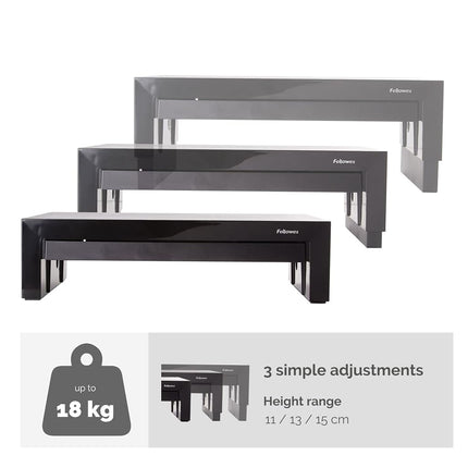 Fellowes Designer Suites Monitor Stand - 3 Height Adjustable Monitor Riser for Desk with Storage Space - Ergonomic Computer Stand for Laptops, Computers, iMac, PC, Notebook - Max Weight 18kg - Black