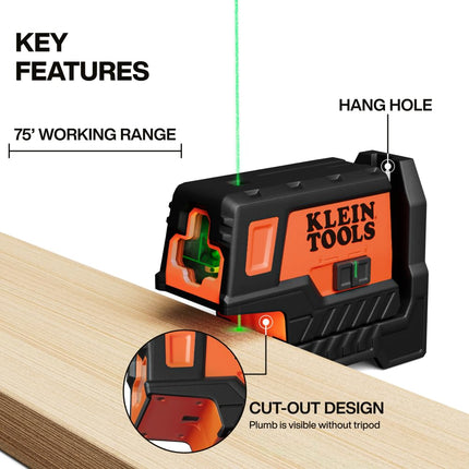 Klein Tools 93MCLPG Compact Self-Leveling Laser Level with Plumbing Point, Bright Green Cross Line, 75ft Range, Laser Class 2, Power Output <1mW, Magnetic Mount