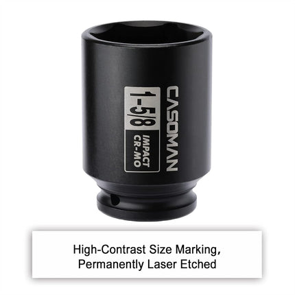 CASOMAN 6-Point 1/2-Inch Drive Deep Impact Socket- 1-5/8" (SAE), CR-MO, 1/2-inch Drive 6 Point Axle Nut Socket for Easy Removal of Axle Shaft Nuts (1-5/8")