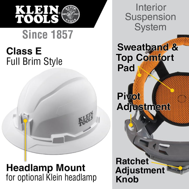 Klein Tools Hard Hat, Non-vented, Full Brim Style with Headlamp