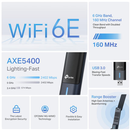 Adaptateur USB Wi-Fi 6E AXE5400 TP-Link pour PC de bureau (Archer TXE70UH) Adaptateur réseau sans fil tri-bande, latence ultra-faible, MU-MIMO, OFDMA, sécurité renforcée, WPA3, compatible Windows 11/10